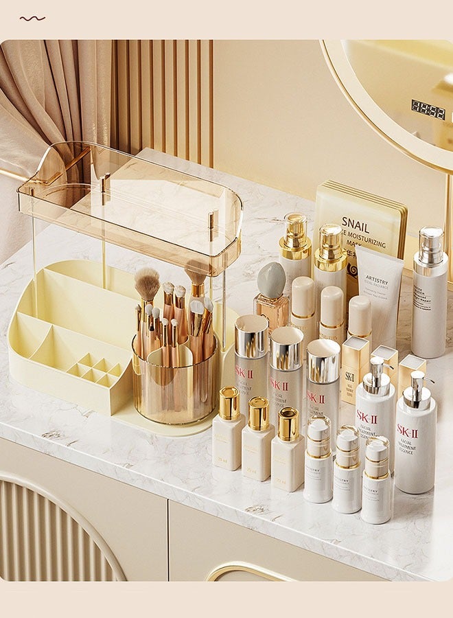 MLADEN 360 Rotating Makeup Organizer 2 Tier Large Capacity Makeup Storage Box with Brush Holder Multi-functional Cosmetics Jewelry Storage Box Desktop Dressing Table - Image 4