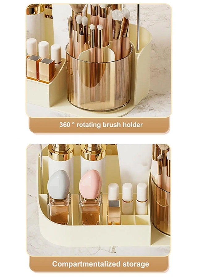 MLADEN 360 Rotating Makeup Organizer 2 Tier Large Capacity Makeup Storage Box with Brush Holder Multi-functional Cosmetics Jewelry Storage Box Desktop Dressing Table - Image 5