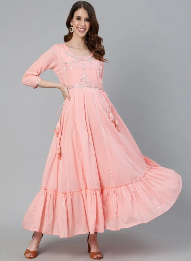 آي شين Women's Peach 100% Cotton Self Design A-Line Kurta