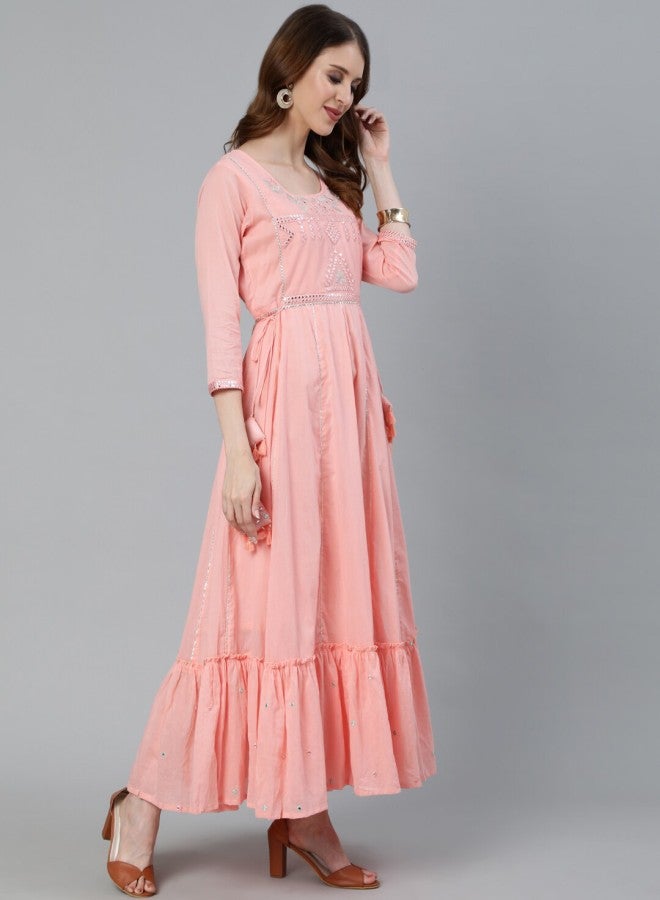 ISHIN Women's Peach 100% Cotton Self Design A-Line Kurta - Image 3
