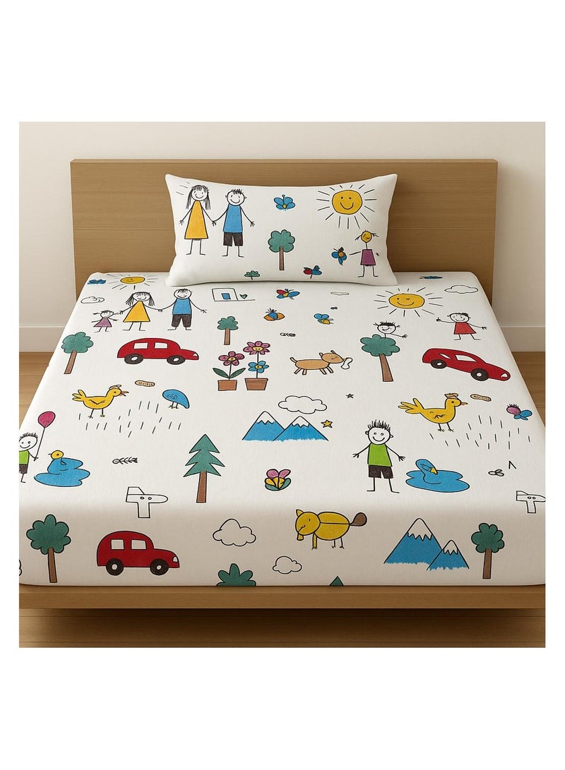 Yarlin-Bed Set (Kids-Fitted Bedsheet for 120 cm beds and Small Pillowcase (Sunny Day) Design