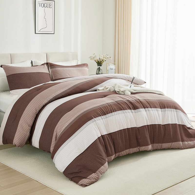 Litanika Litanika Brown Comforter Set California King - 3 Pieces Lightweight Brown White Colorblock Stripe Fluffy Bedding Comforter Sets  All Season Bed Set  - Image 2