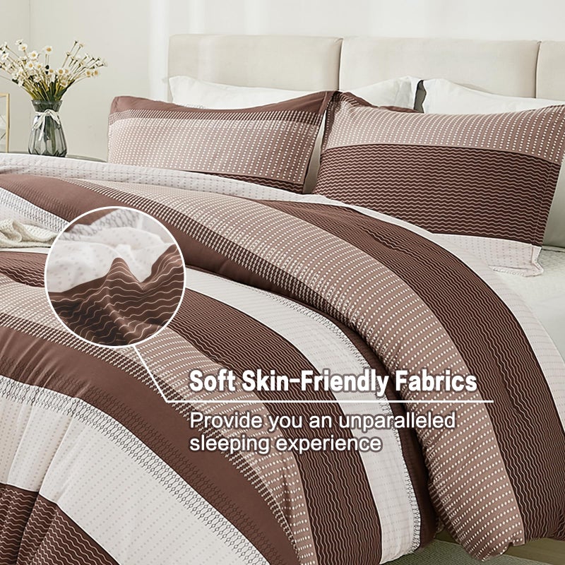 Litanika Litanika Brown Comforter Set California King - 3 Pieces Lightweight Brown White Colorblock Stripe Fluffy Bedding Comforter Sets  All Season Bed Set  - Image 4
