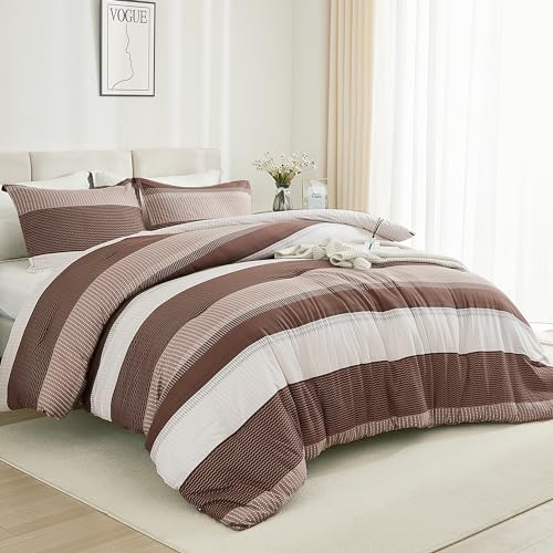 Litanika Litanika Brown Comforter Set California King - 3 Pieces Lightweight Brown White Colorblock Stripe Fluffy Bedding Comforter Sets  All Season Bed Set  - Image 5