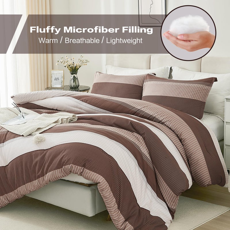 Litanika Litanika Brown Comforter Set California King - 3 Pieces Lightweight Brown White Colorblock Stripe Fluffy Bedding Comforter Sets  All Season Bed Set  - Image 3