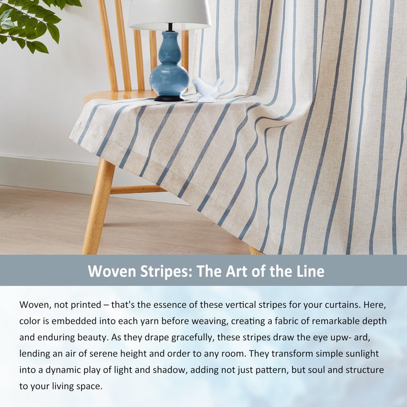 Bapawfish Dusty Blue Striped Full Blackout Bedroom Curtains 90 Inches Long,Woven Vertical Stripes on Beige Linen Blended Natural Drapes,Farmhouse Energy Efficient Window Treatment,Grommet,40"Wx90"Lx2 - Image 3