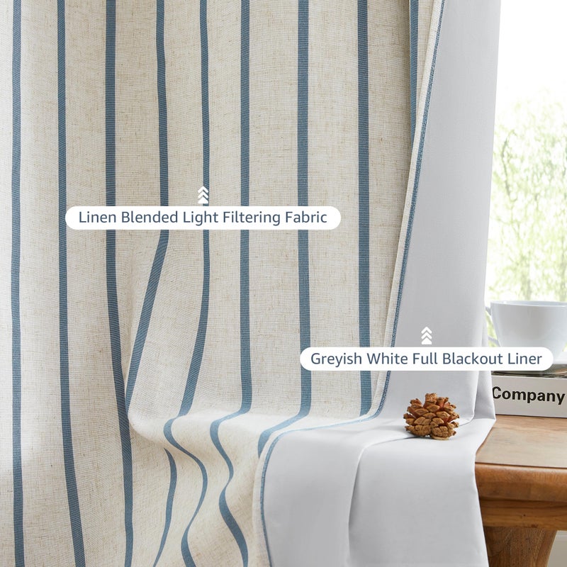 Bapawfish Dusty Blue Striped Full Blackout Bedroom Curtains 90 Inches Long,Woven Vertical Stripes on Beige Linen Blended Natural Drapes,Farmhouse Energy Efficient Window Treatment,Grommet,40"Wx90"Lx2 - Image 2