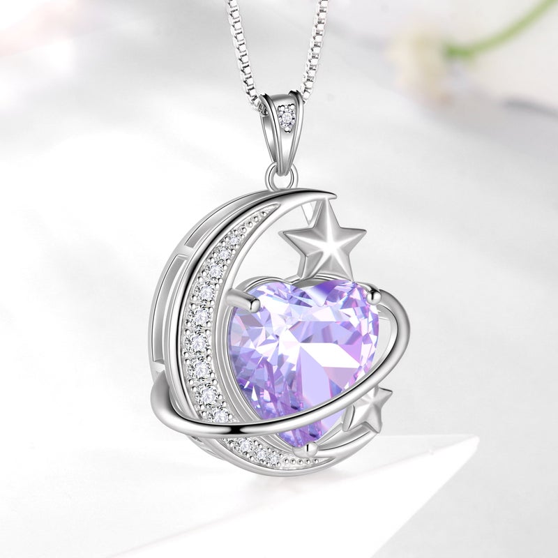 Juwaliy 13MM Women Moon and Star Necklace Heart June Birthstone 925 Sterling Silver Celestial Pendant Purple Alexandrite Jewelry Christmas Birthday Valentines Gift for Her/Wife/Mom - Image 5