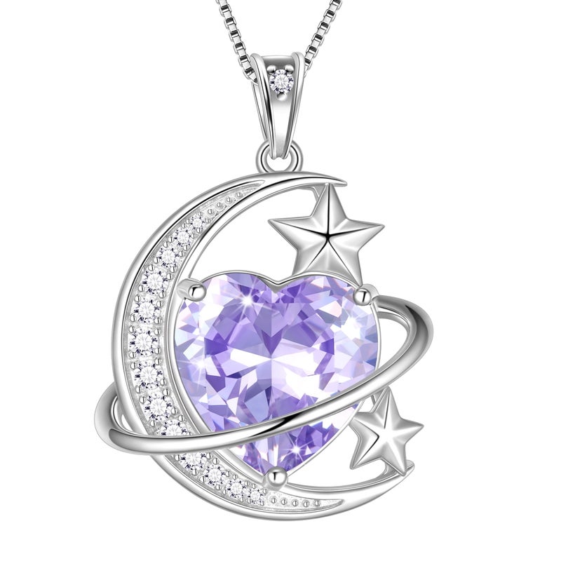 Juwaliy 13MM Women Moon and Star Necklace Heart June Birthstone 925 Sterling Silver Celestial Pendant Purple Alexandrite Jewelry Christmas Birthday Valentines Gift for Her/Wife/Mom - Image 1