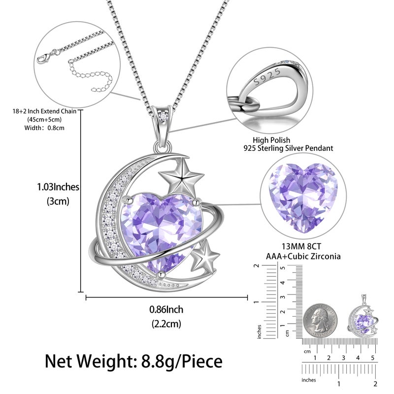 Juwaliy 13MM Women Moon and Star Necklace Heart June Birthstone 925 Sterling Silver Celestial Pendant Purple Alexandrite Jewelry Christmas Birthday Valentines Gift for Her/Wife/Mom - Image 4