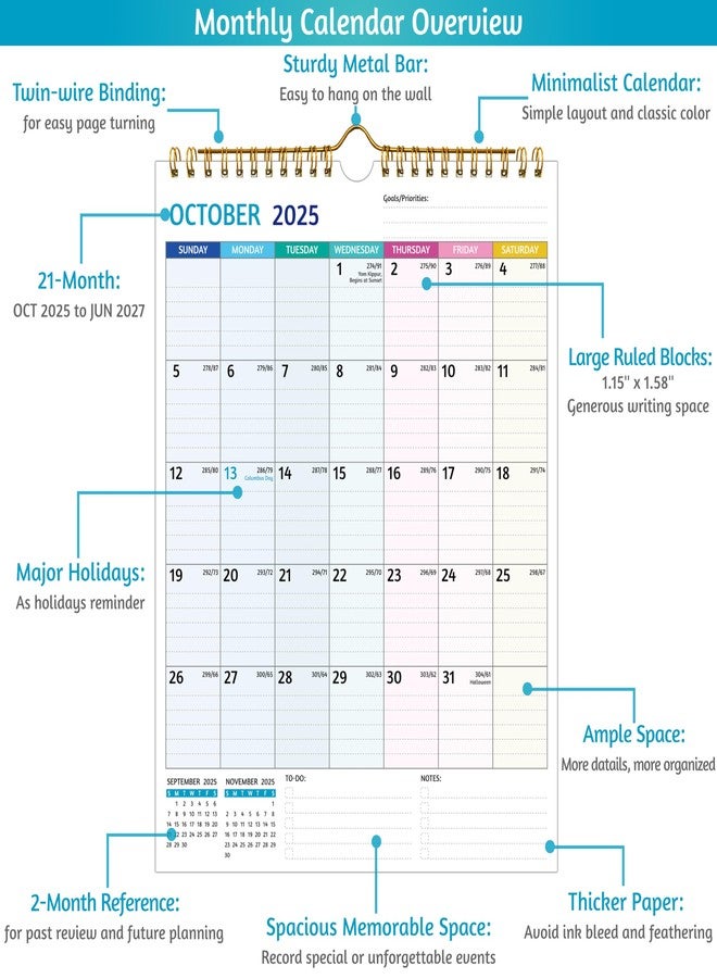 BowCuk 2026-2027 Wall Calendar - Use Now to Jun 2027, Calendar 2026-2027 Wall, 21 Monthly Calendar, 8.5 x 11 In, 2026 Small Calendar, Ruled Blocks, Thick Paper, Holidays, To-do ＆ Notes, Great for Organizing - Image 3