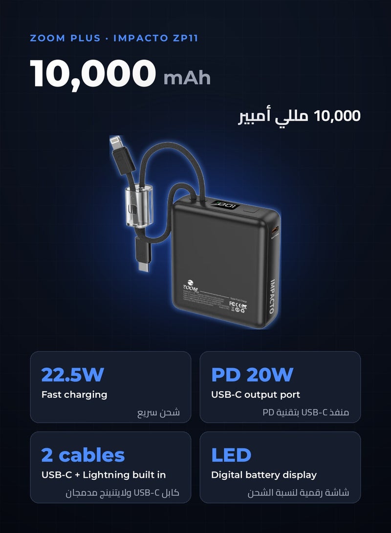 Zoom Plus IMPACTO 10000mAh Ultra-Slim Power Bank, 22.5W Fast Charging Portable Charger with Built-in USB-C and Lightning Cables plus USB-C PD 20W Port, Compact Battery Pack for iPhone, Samsung and Android (ZP11, Black) - Image 2