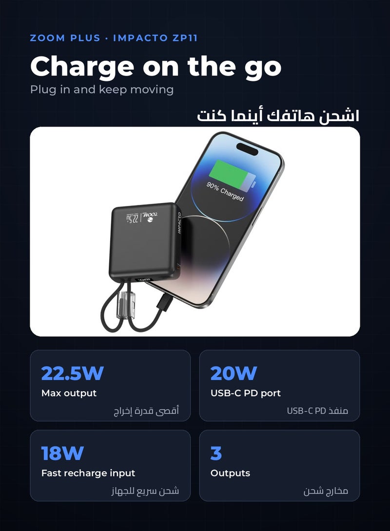 Zoom Plus IMPACTO 10000mAh Ultra-Slim Power Bank, 22.5W Fast Charging Portable Charger with Built-in USB-C and Lightning Cables plus USB-C PD 20W Port, Compact Battery Pack for iPhone, Samsung and Android (ZP11, Black) - Image 4