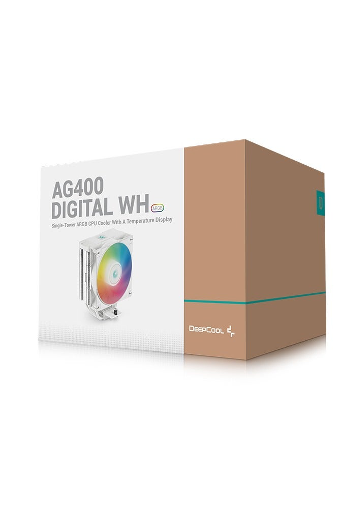 DEEPCOOL AG400 DIGITAL WH ARGB CPU Air Cooler, 4x 6mm Heatpipes, 120mm PWM Fan (500–2100 RPM, 75.89 CFM, ≤31.6 dB), Addressable RGB Lighting, Real-Time CPU Temperature Digital Display, Compatible with Intel LGA1700/1200/115x & AMD AM5/AM4 Sockets, White | R-AG400-WHADMN-G-1 - Image 1