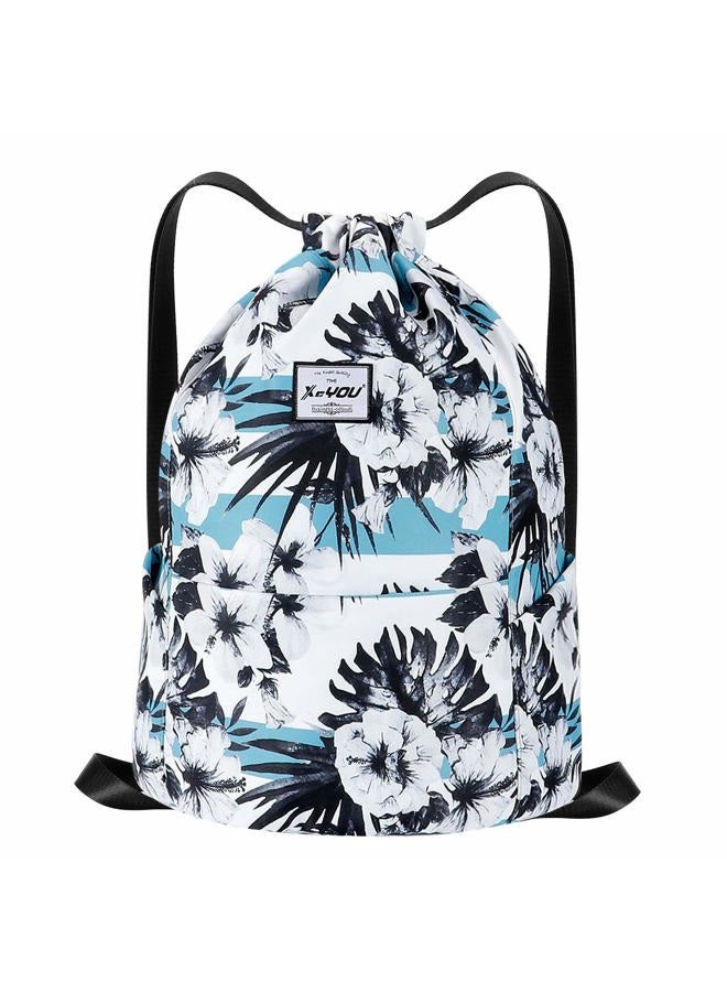 XEYOU Drawstring Sports Backpack Lightweight Gym Yoga Sackpack Shoulder Rucksack Casual Outdoor Daypack for Women and Men, Black and White Flower Pattern, Large, Cycling - Image 1