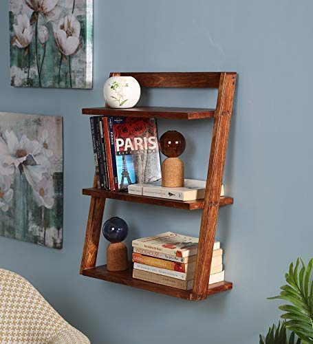 VM DECOR Wooden Wall Mounted Ladder Book Shelves for Living Room | 3 Tier Shelf for Bathroom | Sheesham, Honey Finish - Image 1