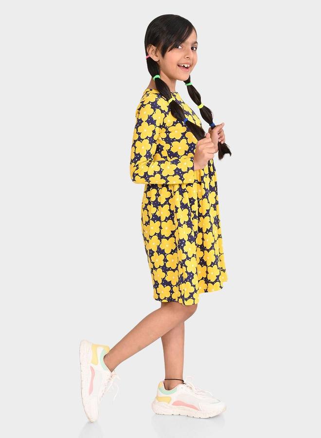 Bonkids Girl's Navy & Multicolour 100% Cotton Printed Regular Fit Dress - Image 3