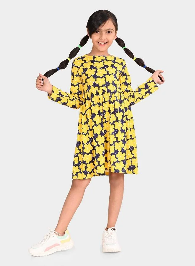 Bonkids Girl's Navy & Multicolour 100% Cotton Printed Regular Fit Dress