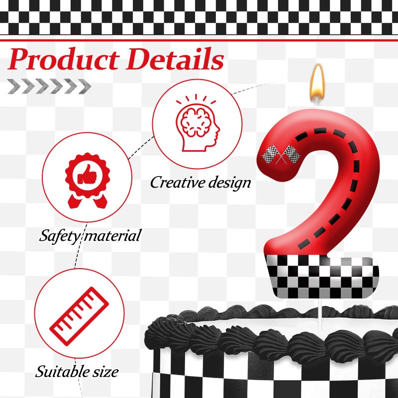 AXBMM Racing Car Theme Birthday Candle with Checkered Flag Design - Durable Cake Topper for Race Car Party Decorations,Birthday Supplies - Number 2 Candle for Racing Themed Celebrations - Image 3