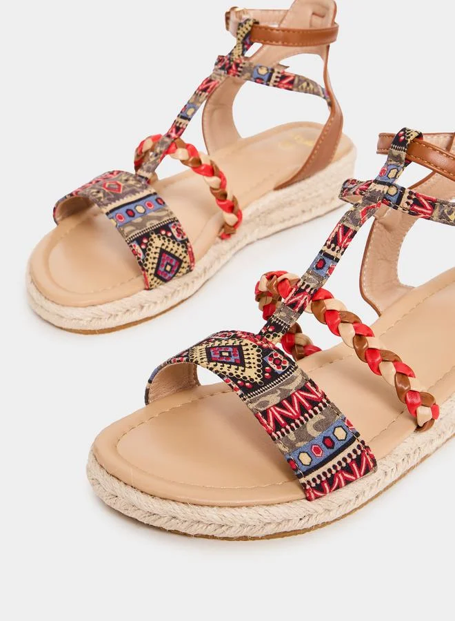 Styli Geometric Pattern Braided Detail Ankle Strap Sandals