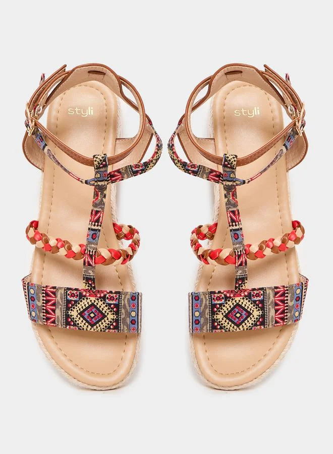 Styli Geometric Pattern Braided Detail Ankle Strap Sandals