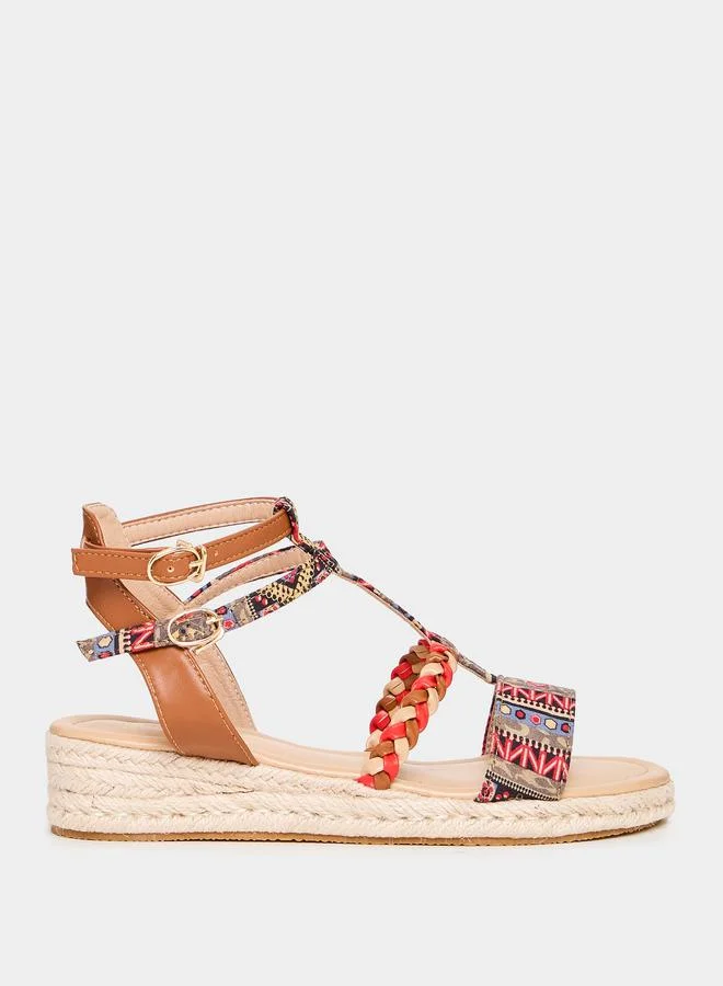 Styli Geometric Pattern Braided Detail Ankle Strap Sandals