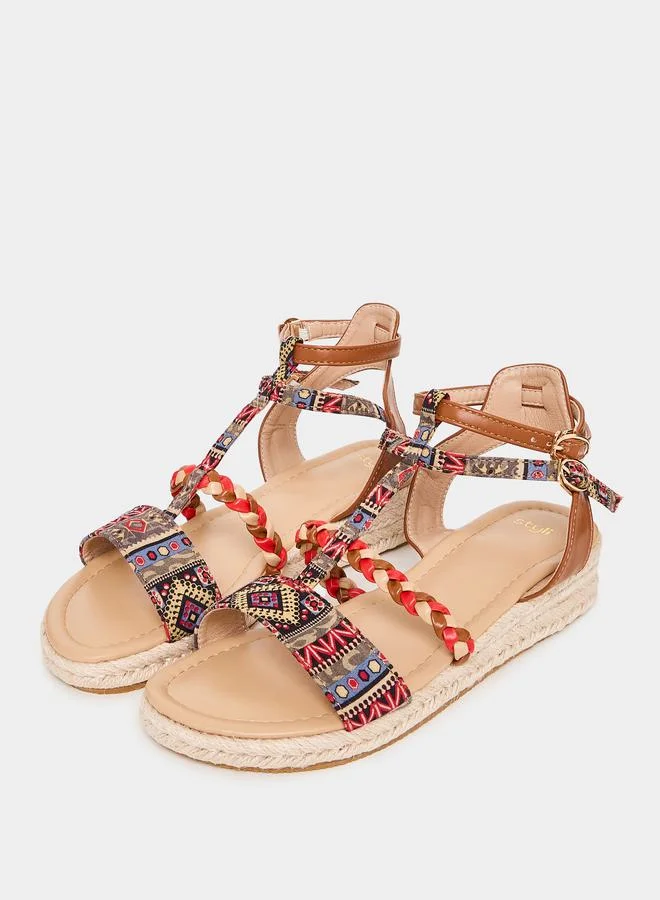 Styli Geometric Pattern Braided Detail Ankle Strap Sandals