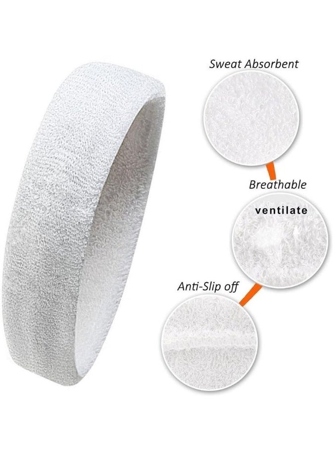 Sports Headband Set, Sweat-Proof Moisture-Wicking Terry Cloth Headbands for Workout, White - Image 2