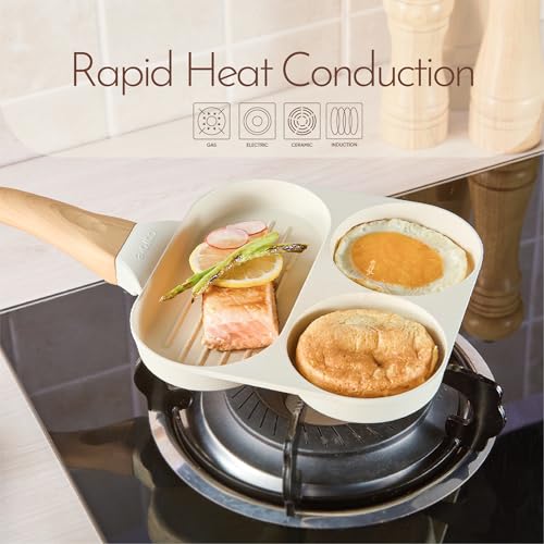 CAROTE Egg Pan Omelette Pan, 3-In-1 Divided Nonstick Grill Pan, Pancake Pan and Healthy Egg CookerSuitable for Gas Stove & Induction Cookware, White Granite - Image 5