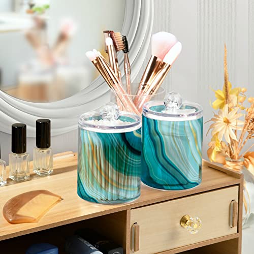 BOENLE 2 Pack Qtip Holder Dispenser Teal Turquoise Blue Marble Bathroom Storage Canister Lid Acrylic Plastic Apothecary Jar Set Vanity Makeup Organizer for Cotton Swab/Ball/Round Pads, Floss - Image 3