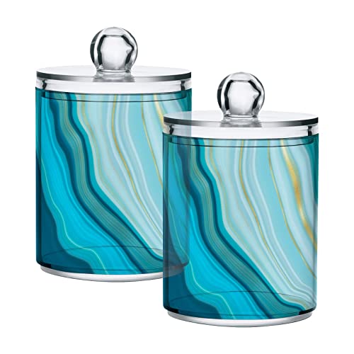 BOENLE 2 Pack Qtip Holder Dispenser Teal Turquoise Blue Marble Bathroom Storage Canister Lid Acrylic Plastic Apothecary Jar Set Vanity Makeup Organizer for Cotton Swab/Ball/Round Pads, Floss - Image 1