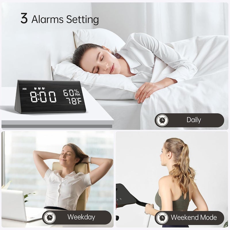 Jall Digital Alarm Clock, with Wooden Electronic LED Time Display, 3 Alarm Settings, Humidity & Temperature Detect, Wood Made Electric Clocks for Bedroom, Bedside, Black - Image 2