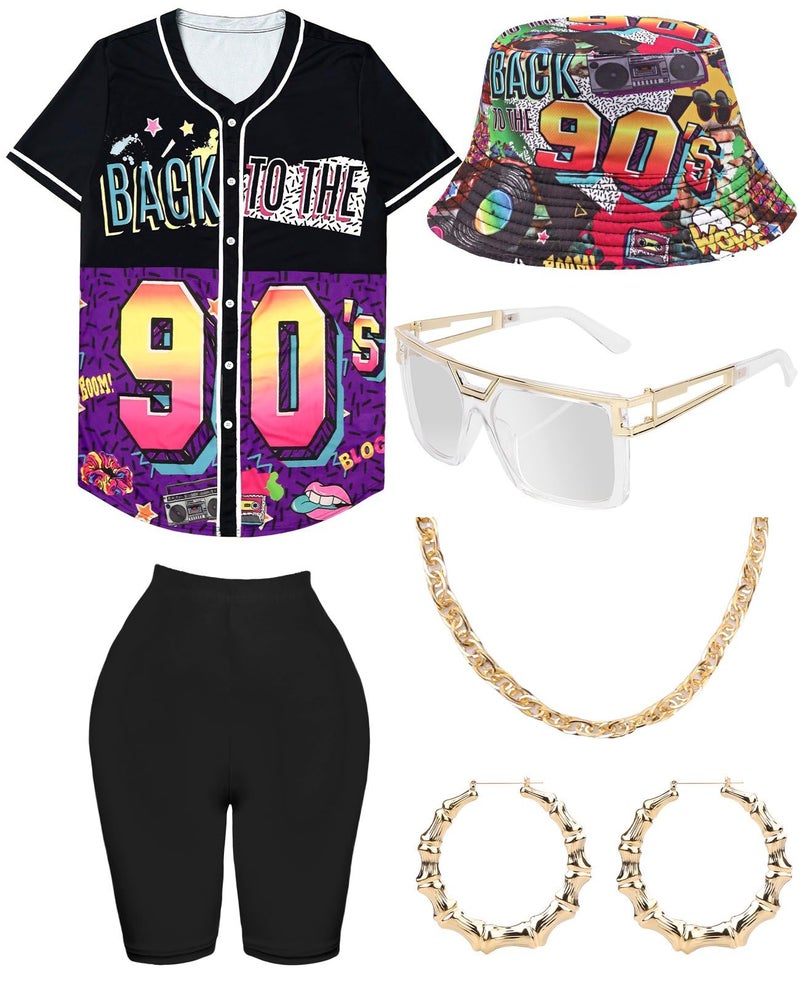 WILDPARTY 80s 90s Outfit for Women, Unisex Hip Hop Costume Baseball Jersey Shirt Yoga Pants Bucket Hat Gold Chain Rapper Accessories - Image 1