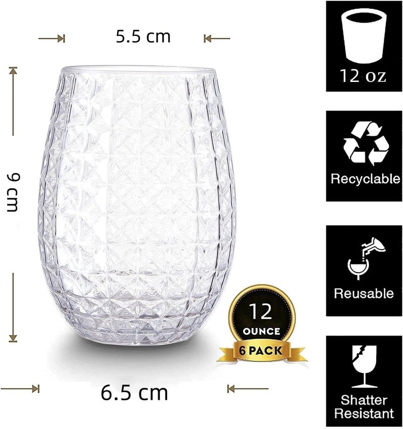 Luckam Wine Glasses Stemless Set of 6 Pretty Shatterproof Whiskey Cocktail and Fruit Juice Drinking Glass - Unbreakable Reusable & Recyclable for Outdoor Pool Party Weddings (360 ml) - Image 2