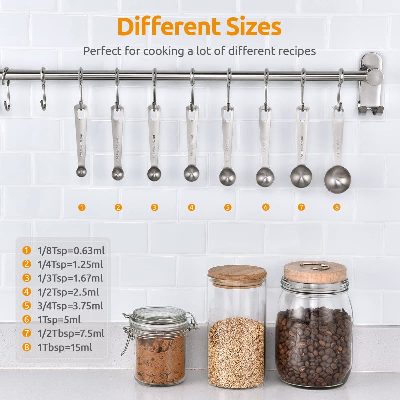 U-Taste Measuring Spoons: U-Taste 18/8 Stainless Steel Measuring Spoons Set of 8 Piece: 1/8 tsp, 1/4 tsp, 1/3 tsp, 1/2 tsp, 3/4 tsp, 1 tsp, 1/2 tbsp & 1 tbsp Dry and Liquid Ingredients - Image 2