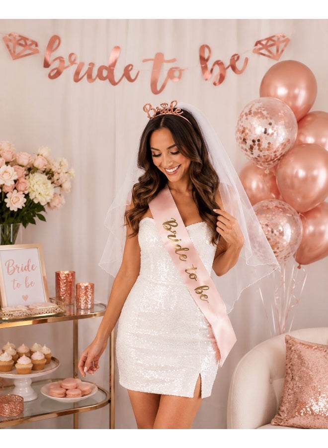 5 Pcs Bride to Be Party Decoration Set, Rose Gold Bridal Shower Combo with Banner, Headband, Sash, Bride Veil and Balloon Set - Image 2