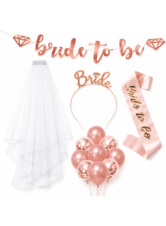 5 Pcs Bride to Be Party Decoration Set, Rose Gold Bridal Shower Combo with Banner, Headband, Sash, Bride Veil and Balloon Set - Image 1