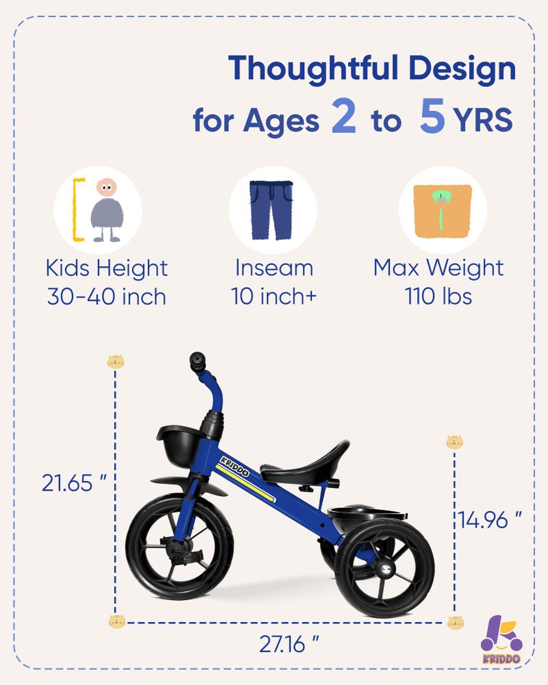 KRIDDO Kids Tricycles Age 24 Month to 4 Years, Toddler Kids Trike for 2.5 to 5 Year Old, Gift Toddler Tricycles for 2-4 Year Olds, Trikes for Toddlers, Sporty Styling, Blue - Image 5