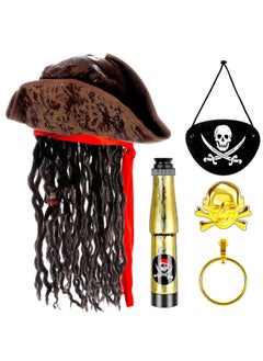 Eshylala Pirate Hat with Dreadlocks Braids and Costume Accessories Set, Halloween Masquerade Accessory Set of 5  - Image 1