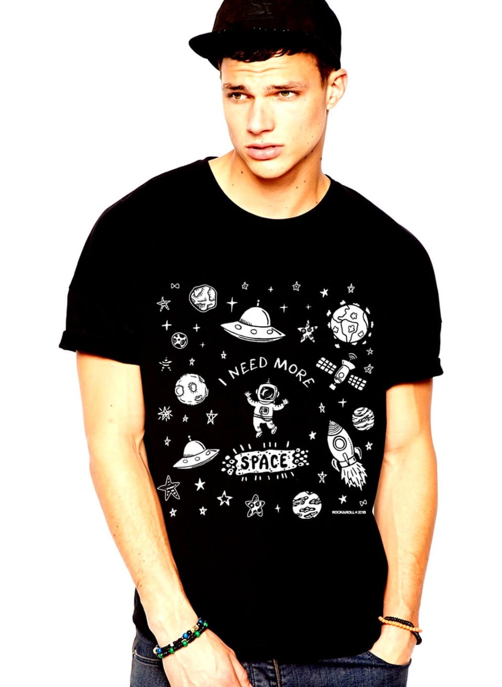 Rock&Roll Astronaut in Space Black Short Sleeve T-Shirt  - Image 5