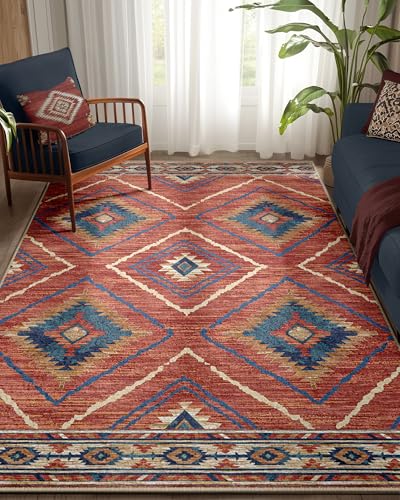 BESTSWEETIE Area Rug 5x7 Rug Machine Washable Non-Slip Low Pile Print Pattern Western Rug for Living Room Bedroom Entryway Tribal Series -Red/Orange - Image 1