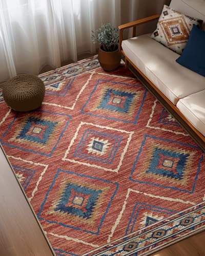 BESTSWEETIE Area Rug 5x7 Rug Machine Washable Non-Slip Low Pile Print Pattern Western Rug for Living Room Bedroom Entryway Tribal Series -Red/Orange - Image 2