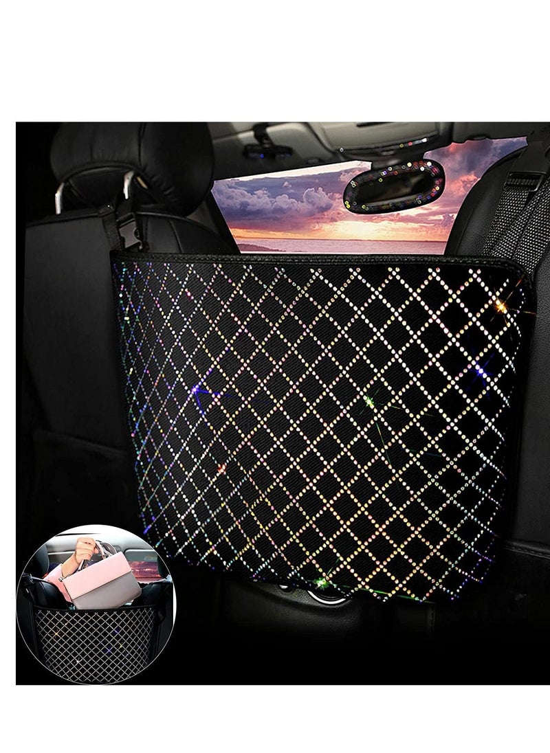 Y&D - Car Handbag Purse Holder for Cars Front Seat, Seat Storage Mesh Net Bag Pocket Between Seats, Organizer Bags Automotive Accessory Women, Velvet Fabric, Colorful Hot Rhinestones - Image 1