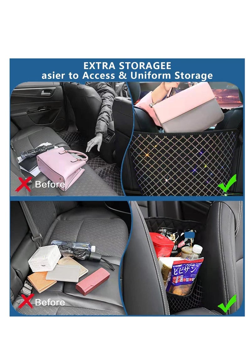 Y&D - Car Handbag Purse Holder for Cars Front Seat, Seat Storage Mesh Net Bag Pocket Between Seats, Organizer Bags Automotive Accessory Women, Velvet Fabric, Colorful Hot Rhinestones - Image 1