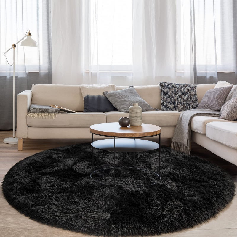 FlyDOIT Black Round Rug for Bedroom Super Fluffy Circle Rugs for Baby Nursery 4X4 Feet Furry Carpet for Children Kids Room Cute Soft Shaggy Rug for Girls Home Decor Fuzzy Plush Carpets for Dorm