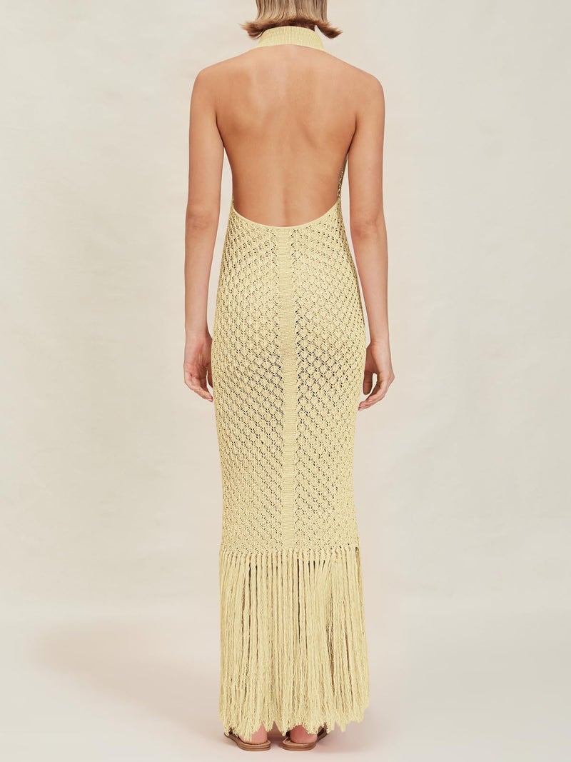 Saodimallsu Womens Halter Cover Ups Fringe Collared Crochet Sleeveless Mesh Knit Swimsuit Coverup Beach Maxi Dress Beige - Image 5