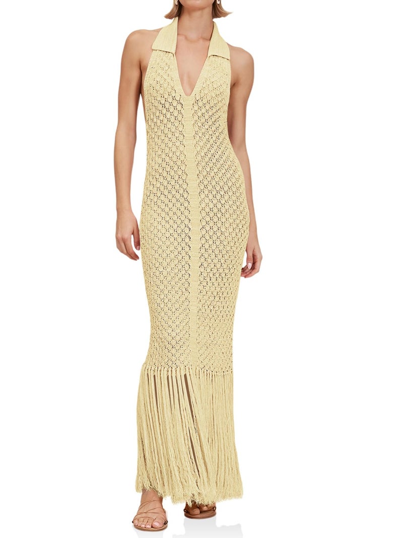 Saodimallsu Womens Halter Cover Ups Fringe Collared Crochet Sleeveless Mesh Knit Swimsuit Coverup Beach Maxi Dress Beige - Image 1