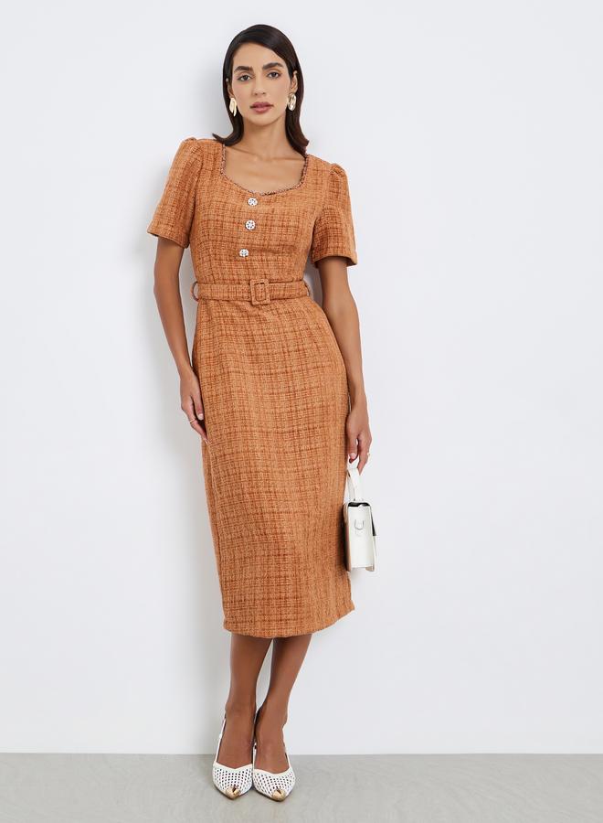 Styli Fabric belt as image trim at neck Half Sleeves Sheath Midi Dress - Image 1