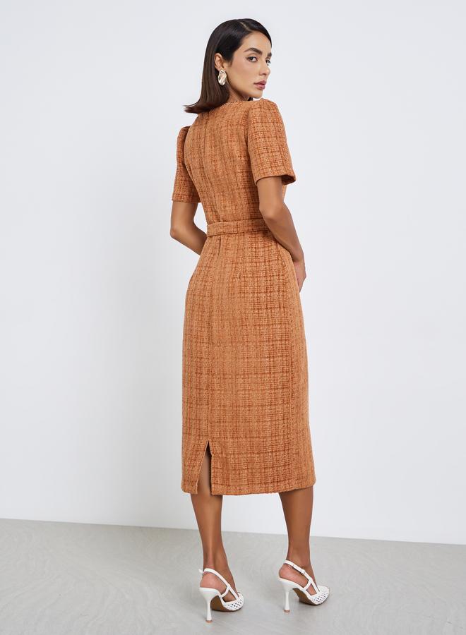 Styli Fabric belt as image trim at neck Half Sleeves Sheath Midi Dress - Image 5