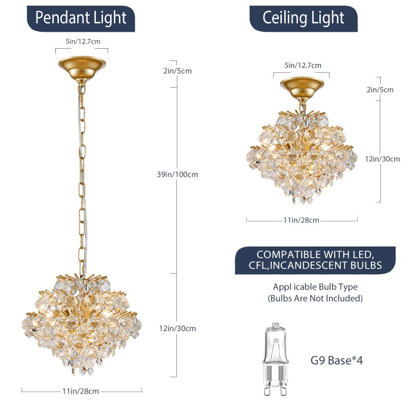 Bestier Gold Modern Pendant Chandelier Crystal Raindrop Lighting Ceiling Light Fixture Lamp for Dining Room Bathroom Bedroom Livingroom 4 G9 Bulbs Required D11 in x H12 in - Image 3